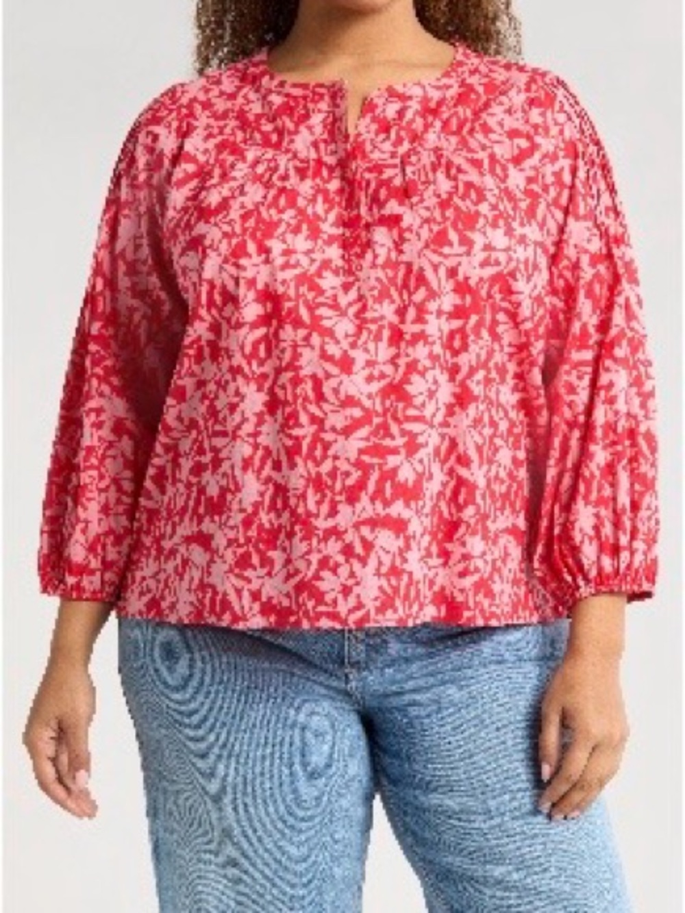 Plus-1x; Caslon Red and Pink Floral Button-Notch Blouse